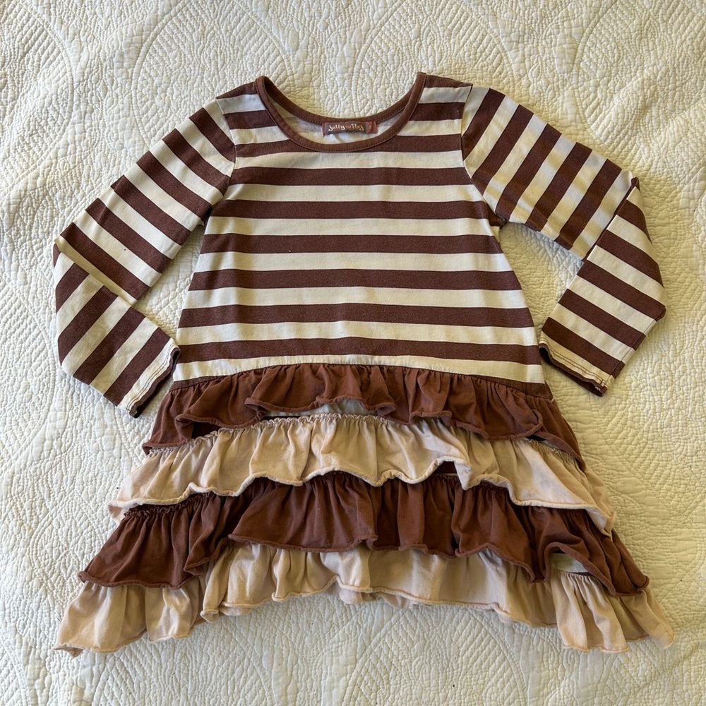 Jelly The Pug dress/top size 7. Cocoa/ivory striped w/ruffles. Decent shape